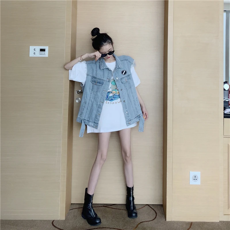 Ulzzang корейский Винтаж Bf мода отверстие безрукавный джинсовый жилет куртка для женщин осень Новое свободное простое пальто Топы Colete Feminino