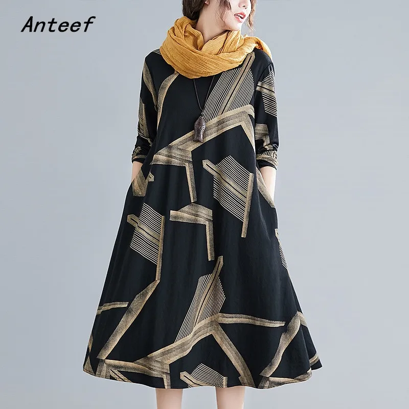 Женское Хлопковое платье с длинным рукавом повседневное свободное винтажное