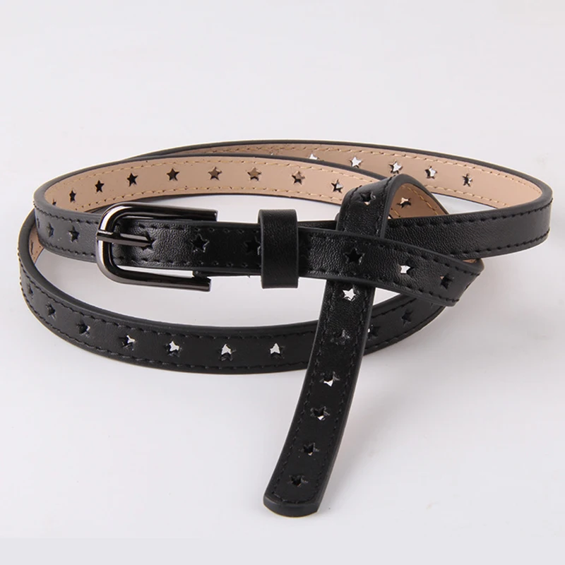 

Hollow Pentagram Belt Ladies Vintage Alloy Pin Buckle Thin Waist Strap Simple Wild Cowhide Belt With Dress Jeans