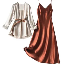 

Spring and Autumn 2021igh Quality Satin Spaghetti Strap Dress 2 Piece Set Women Office Lady Thin Blazer With Belt Elegant Suit