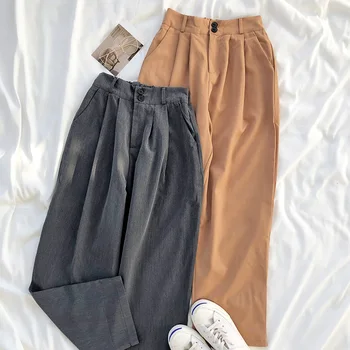 

Temperament Retro Solid Color High Waist Two Button Straight Casual Pants