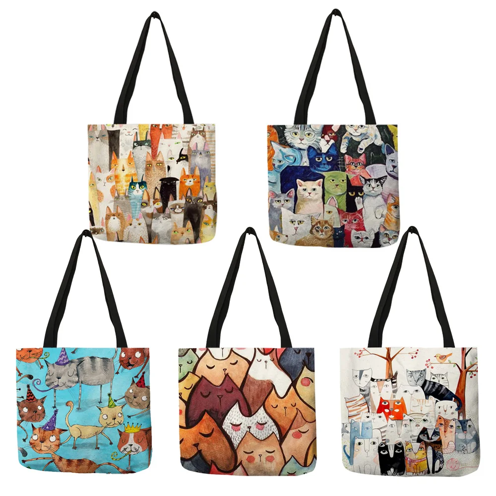 Fabric Foldable Shopping Bags For Groceries Cute Black Cat Print Tote Bag for Women Personality School Traveling Shoulder Bags