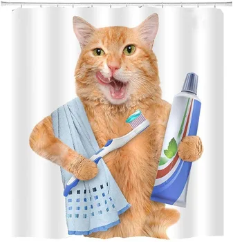 

BBSET Funny Cat Brushing Teeth Fabric Printing Shower Curtain Sets Bathroom Decor Waterproof Washable Rideau De Douche