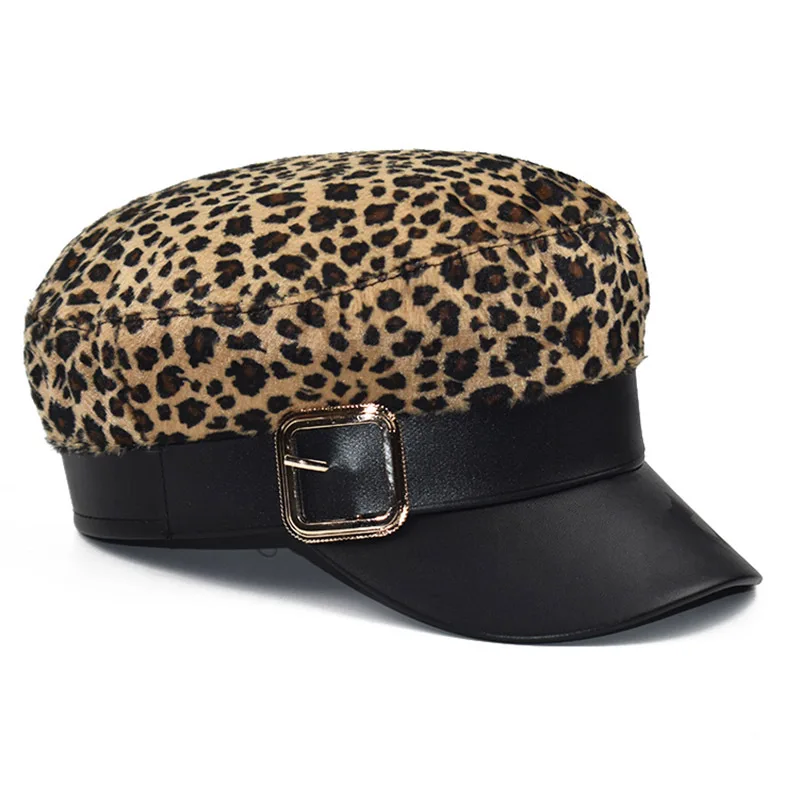leopard Модная женская шерстяная восьмиугольная кепка с металлической пряжкой, зимняя элегантная женская берет из искусственной кожи с леопардовым принтом, уличная Кепка на плоской подошве - Цвет: leopard