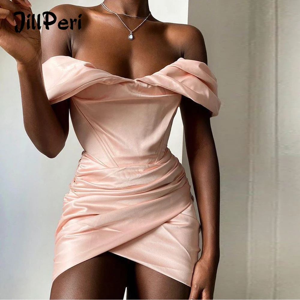 JillPeri Off the Shoulder Ruched Mini Dress Fashion Christmas Celebrity Satin Pink Birthday Club Outfits Women Sexy Party Dress
