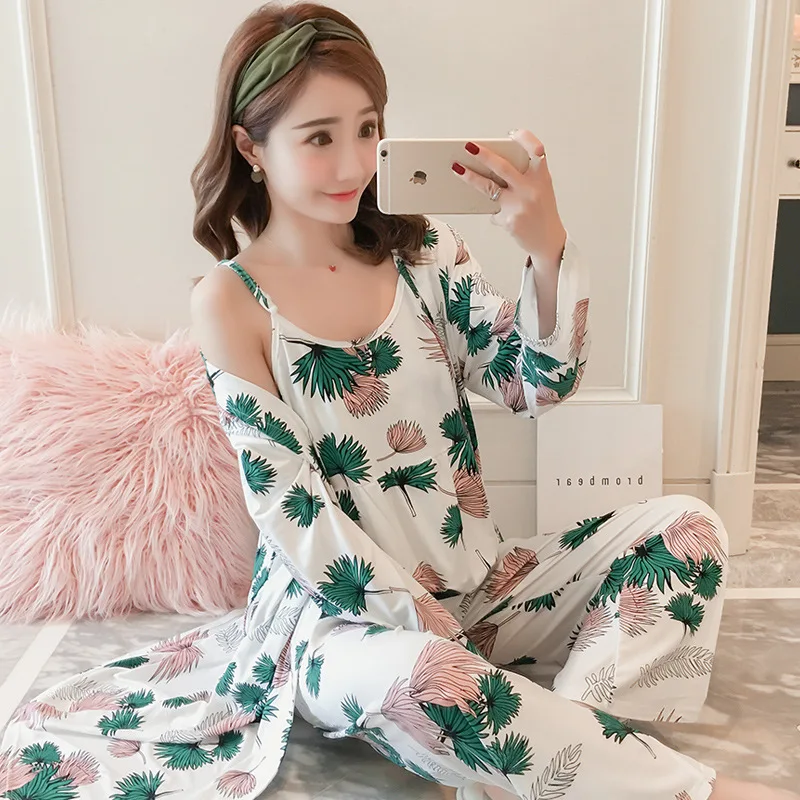 

Spring And Autumn WOMEN'S Pajamas Cute Camisole Japanese-style Long Sleeve Kimono Fresh Students Large Size Three-piece Set-Home