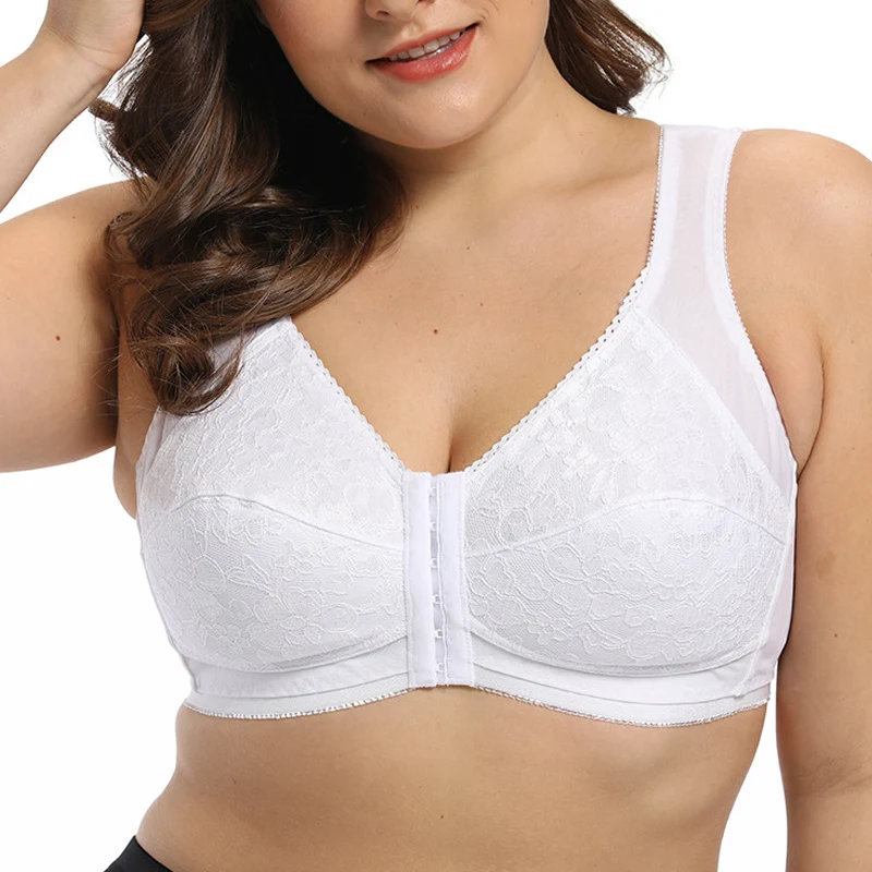  Womens Front Closure Bra Full Coverage Non-padded Underwear Floral Embroidery Wireless Bra Sexy Lin