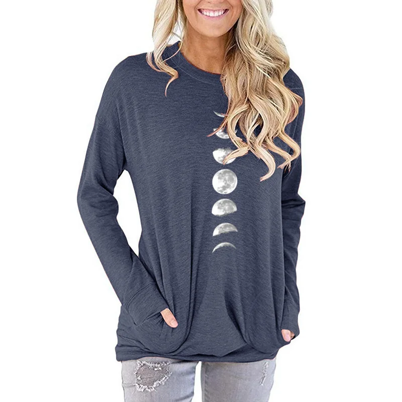 

New Women's T-shirt O-Neck Harajuku Colorful Moon Print Top Long Sleeve Casual Female T shirt Oversized Warm Autumn Winter