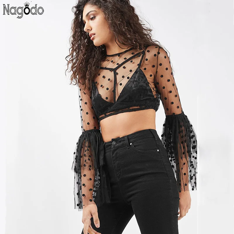 

Nagodo Mesh Crop Top Sexy Black haut femme Long Flare Sleeve Womens femme Lace Short t shirt transparent o-neck for summer