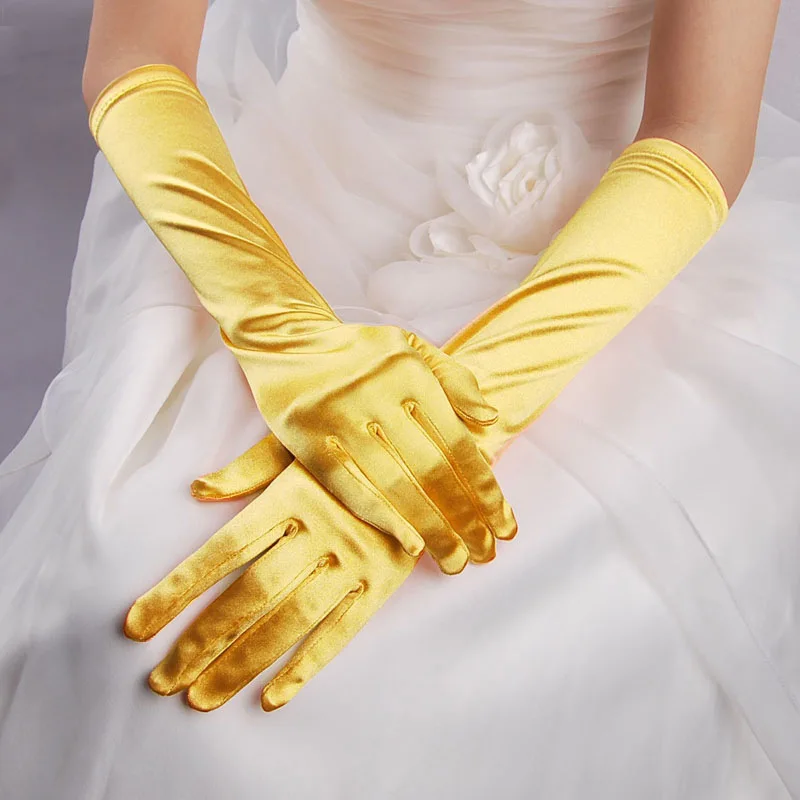 Свадебные атласные перчатки для торжеств, вечеринок, свадеб, цветные женские перчатки для свадьбы, вечерние атласные перчатки фиолетового цвета S017 - Цвет: yellow