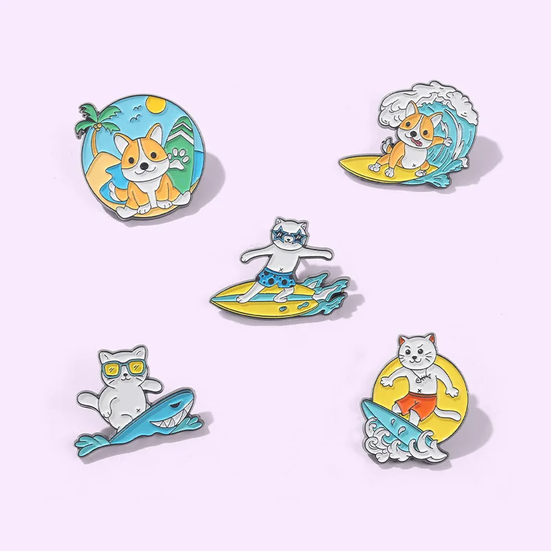 Funny Surf Enamel Brooch Pin Cartoon Animals Swimming Button Pins Hawaii Vacation Lapel Badges Backpack Jewelry Gifts |