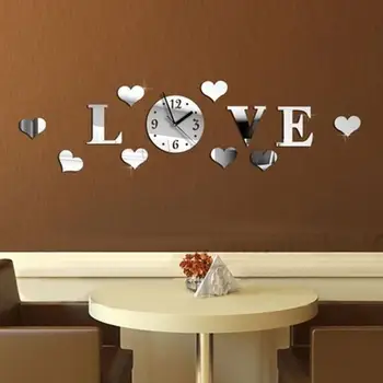 

Wall Clock Stiker Decal Clock Acrylic Glass 3D DIY Home Mirror Effect Mirror Stickers Silver Decor Silver Floor Clock LOVE LOVE
