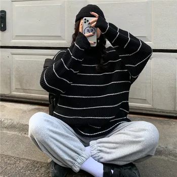 

Loose Lazy Striped Turtleneck Sweater