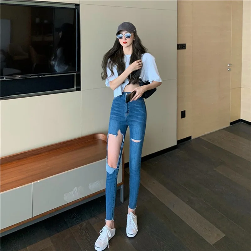 Vintage Women Jeans Summer Fashion Ripped High Waist Korean Chic Skinny Stretch-Wrapped Hip Jeans Big Holes Ankle-Length Pants