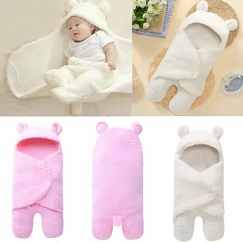 

Cute Newborn Baby Boy Girl Soft Fleece Sleeping Bags Warm Swaddle Wrap Blanket Wool Cotton Bear Ears Hooded Sleeping Bags
