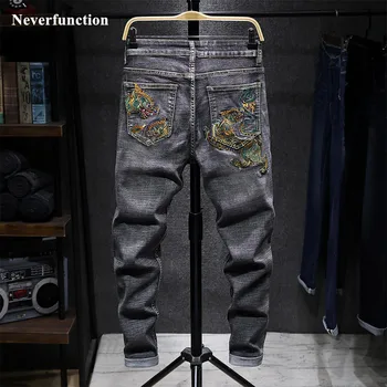 

Men streetwear Hip hop Japanese Chinese wind Dragon embroidery Slim fit Straight jeans Trousers man Motorcycle biker Denim pants