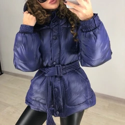 2021 inverno Moda de Rua Cor Sólida Manga Comprida Único Breasted Lace Up Com Capuz Cintura Fina Jaqueta de Algodão Simples куртка женская