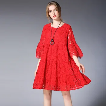 

Simple Solid Color Casual Plus Size Dress for Women 2020 Spring Fashion Hollow Uot Lace Seven Point Sleeve Mid Length Dress