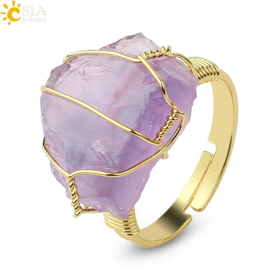 CSJA Natural Stone Crystal Rings Women Irregular Wire Wrap Healing Purple Fluorite Gold-color Resizable Finger Ring Jewelry G339