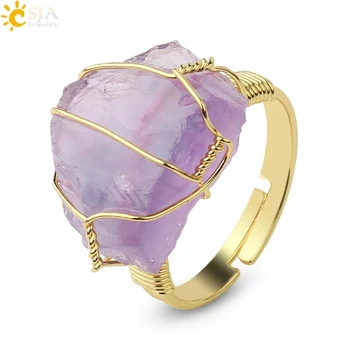 CSJA Natural Stone Crystal Rings Women Irregular Wire Wrap Healing Purple Fluorite Gold-color Resizable Finger Ring Jewelry G339