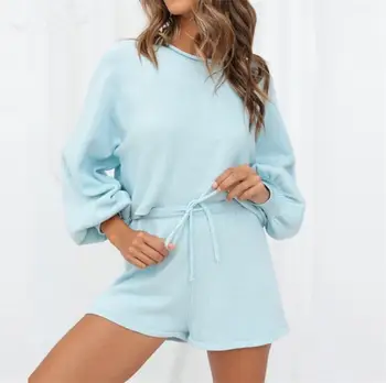 

Ladies New O-neck Long Sleeve Loose Shirt Top Female Shorts Set Knitting Casual Summer Loose Sports Two-piece White Clothes