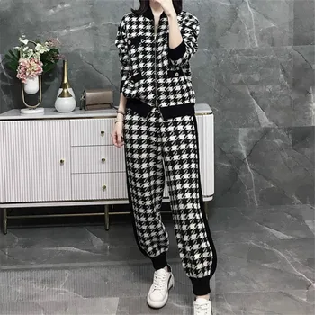 

2020 Spring Fashion Plaid Knitted Two Piece Sets Outfits Women Zip-up Cardigan Coat + Harem Pants Suits Korean Vintage 2 Pcs Set