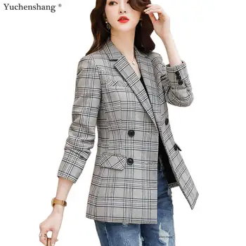 

2019 new women plaid blazer with pockets double breasted long sleeve casual coat female outerwear jackets