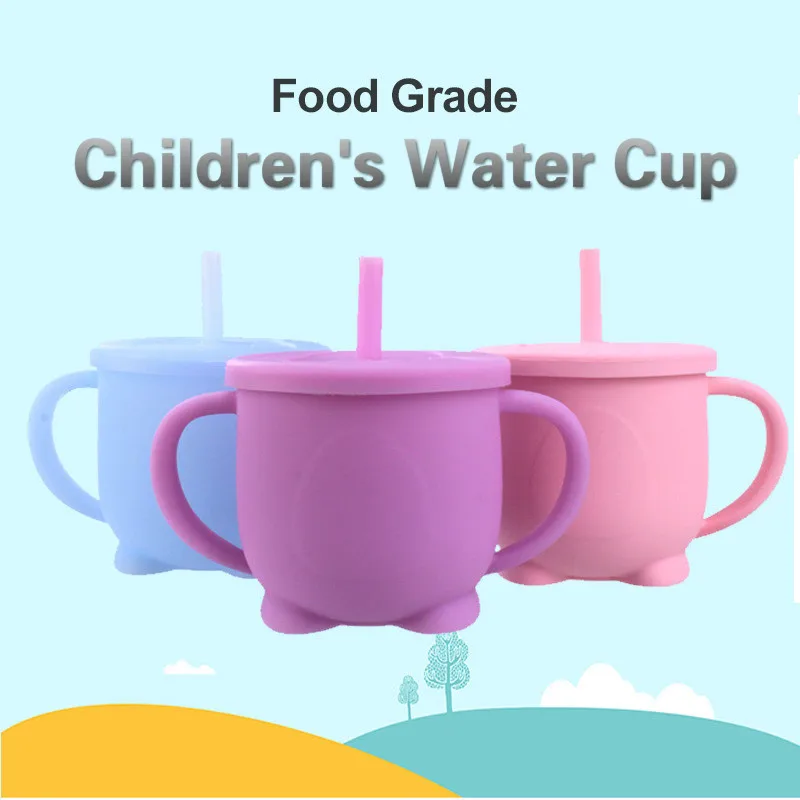 Vasos de silicona con pajita de entrenamiento para bebé, botella de alimentación de agua antideslizante, colorida, a prueba de fugas