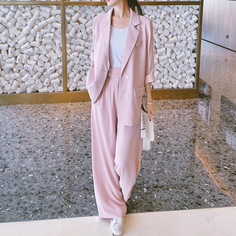 Estate nuove donne Set da donna mezza manica blazer larghi pantaloni gamba  larga abito due pezzi Set ufficio lavoro Casual abiti da donna|Pant Suits|  - AliExpress