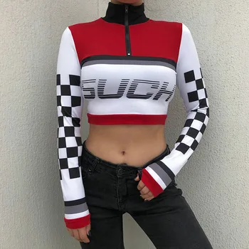 

YYXZ Spring Fashion Slim Sexy Contrast Color Plaid Long Sleeve Lady Skinny Tee Turtleneck Woman Casual Short T-Shirt Crop Top