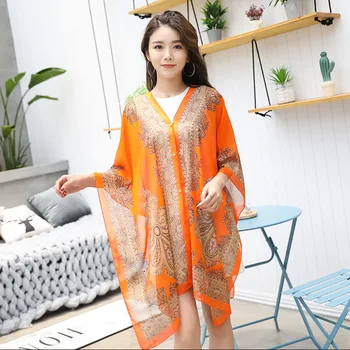 

Lugentolo Hooded Cape Women Summer Chiffon Printing Bead Loose Casual Fashion Thin Floral Pattern Long Batwing Sleeve