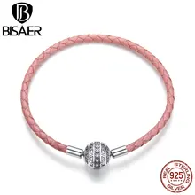 BISAER, настоящее 925 пробы, серебристо-розовые браслеты из веревки и кожи для женщин, прозрачные CZ круглые браслеты с застежкой, серебряные ювелирные изделия ECB114