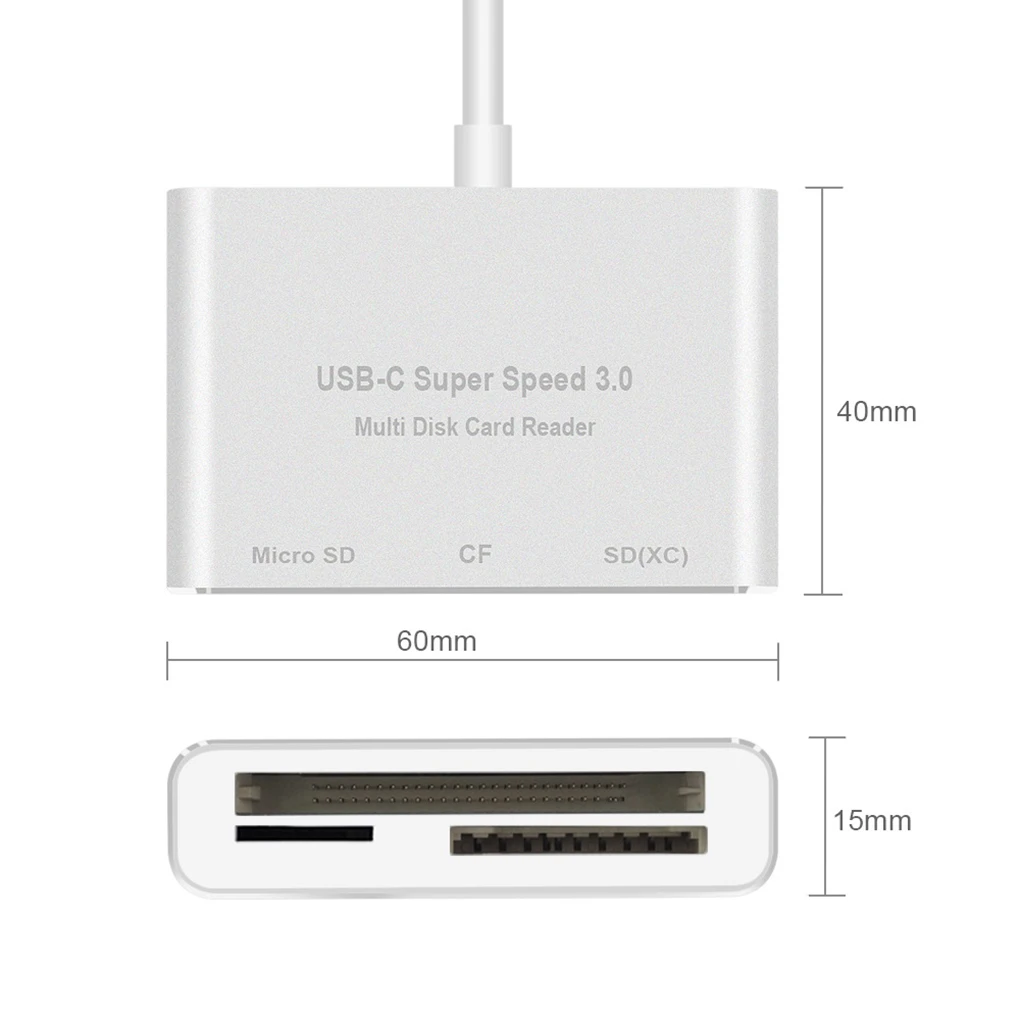 Type-C Port Phone Camera CF SD TF Memory Card High Speed USB 3.0 Aluminum Alloy Case Card Reader Silver