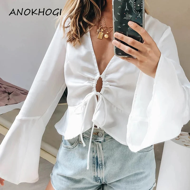 

V Neck Hollow Out Bandage Women Chiffon Blouse White Ruffles Elegant Female Tops Black Butterfly Sleeve Lace Blouses T05