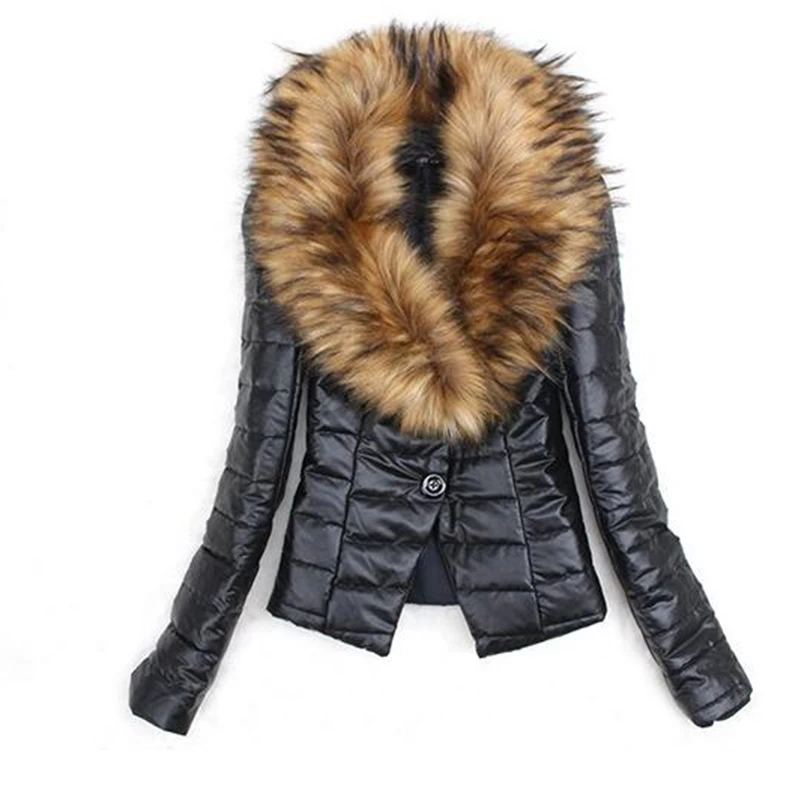 

2019 New Europe and America Autumn Winter Women Faux Fox Fur Collar Stitching PU Jacket Female Warm Plus Size S-3XL CC1286