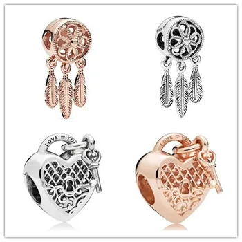 

925 Sterling Silver Bead Charm Vintage Openwork Love Heart Lock & Key Bead Fit Pandora Bracelet & Necklace Diy Jewelry