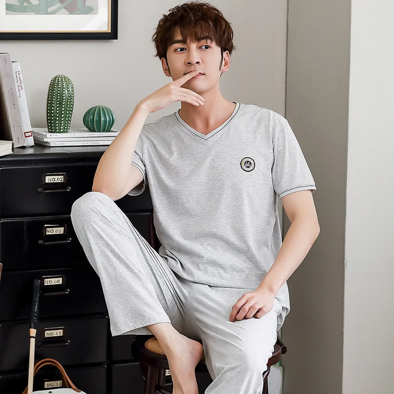 

Pure Cotton Pajamas Men Spring Summer Short-sleeved Trousers Korean-style Summer Cotton Homewear Set BOY'S New Style