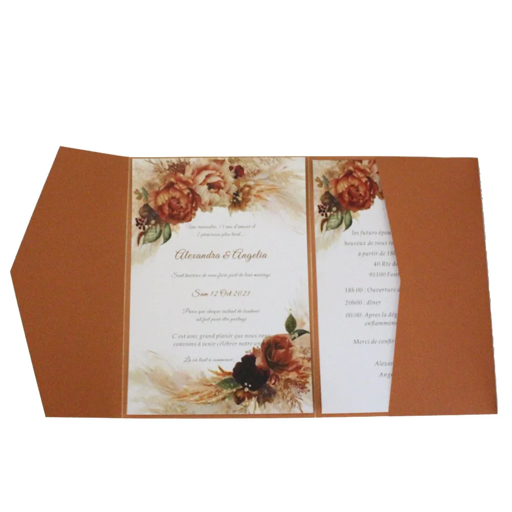 50Pcs Blank Copper Wedding Invitations Pockets With Envelopes and Ribbons For Party Invite Custoized Text Printing