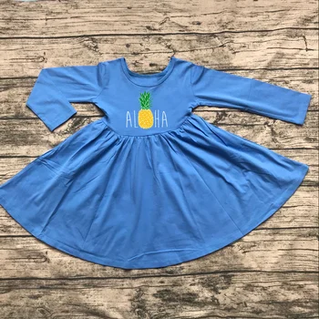 

fall/winter spring children girls clothes blue pineapple aloha cotton baby kids clothes ruffles knee length twirl dress