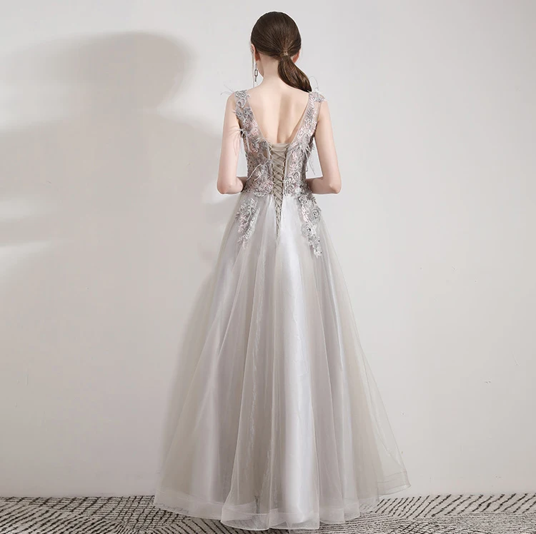 SSYFashion новая Банкетная элегантный серый вечернее платье с кружевом и вышивкой перья блёстки длинное платье для вечеринки, официального приема Vestidos De Noche