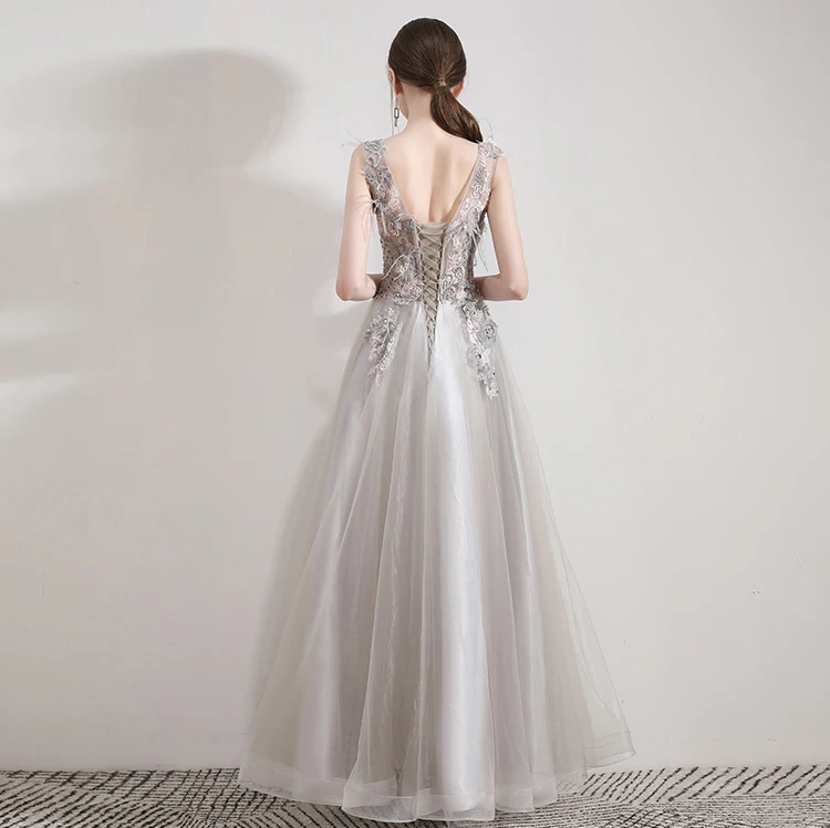 SSYFashion новая Банкетная элегантный серый вечернее платье с кружевом и вышивкой