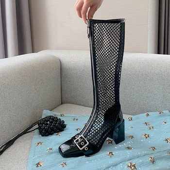 

Summer Women's knee high Boots Woman Metal Decotaion Thick high Heels ladies Pumps Party Working Shoes Woman