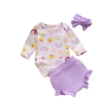 

Rainbow Printed Newborn Baby Girls Set Autumn Long Sleeve Bodysuits And Ruffles Shorts 3pcs Outfits Casual Infant Clothing D30
