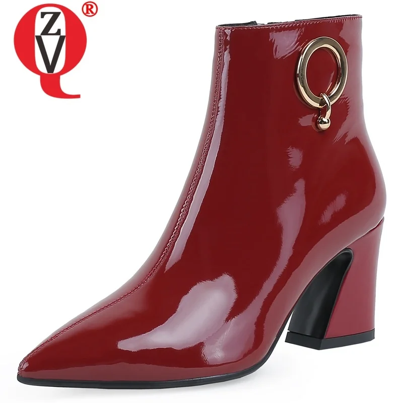 

ZVQ handmade genuine leather ankle boots outside new fashion high heels zip pointed toe work plus size women shoes drop shipping