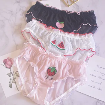 

SP&CITY Cute Cartoon Fruits Embroidery Pattern Sexy Underwear Women Mesh Transparent Panties Girl Student Briefs Female Lingerie
