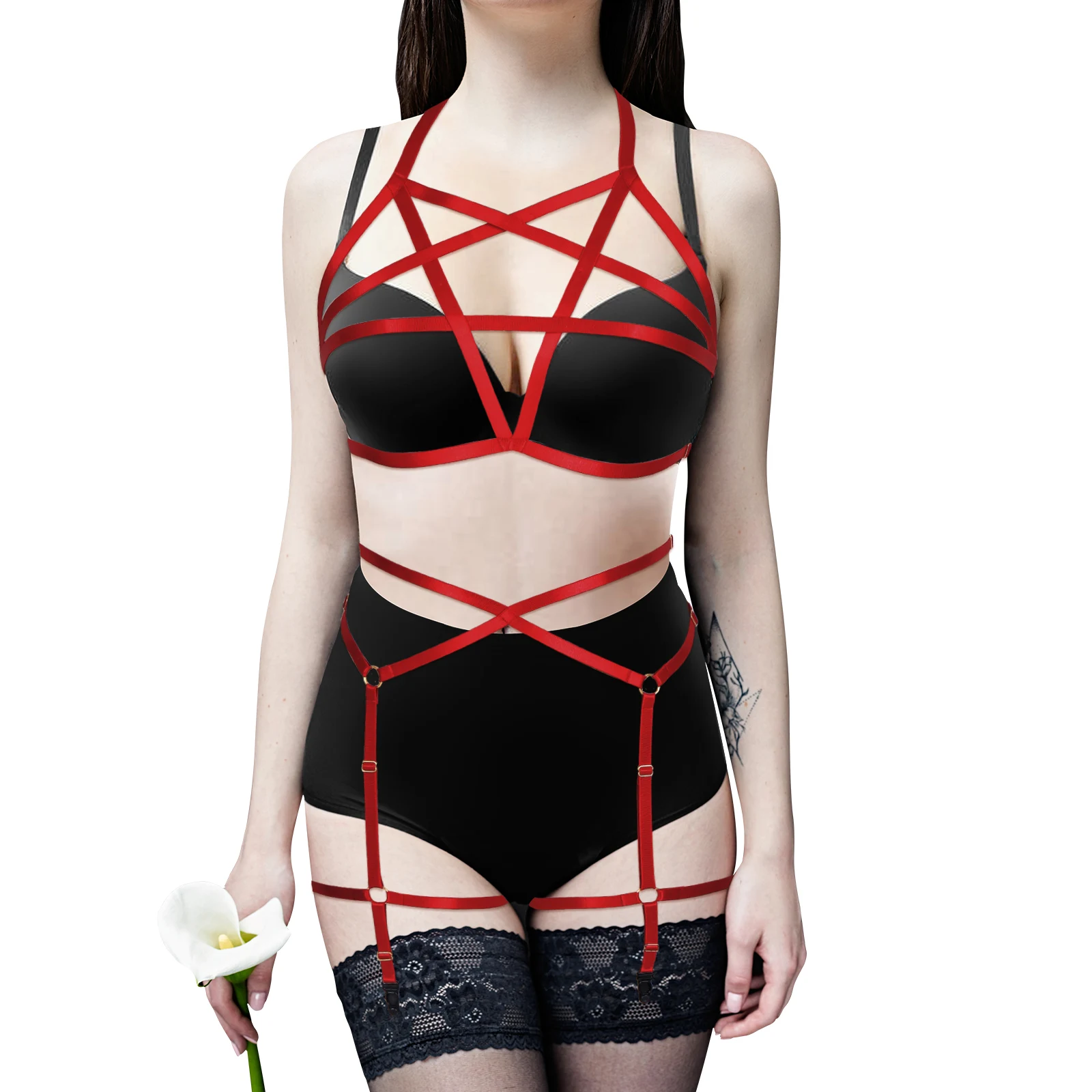

Женское Эротическое нижнее белье Goth, комплект нижнего белья с пятиугольным упряжкой, бюстгальтер без бретелек, Чулки с подвязками
