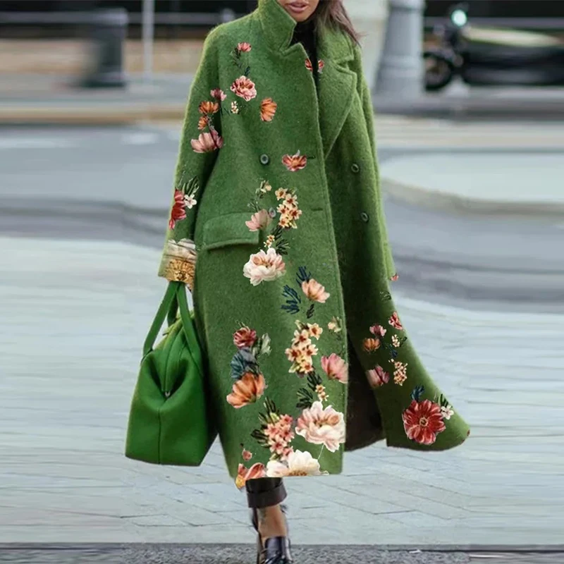 

2021 Autumn Long Sleeve Pocket Jacket Women's Button Long Cardigan Jacket Winter Leisure Loose Green Blended Wool Coat To