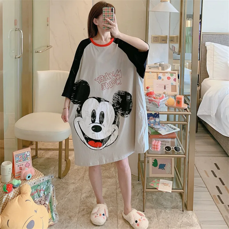 Cartoon Mickey Duck Fashion Print Summer Short Sleeve Nightdress Pajamas Women's Summer Long Skirt Loose Home Wear Pajamas 2