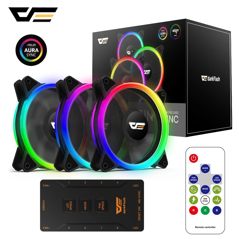 darkFlash Aurora DR12 Pro 3 Pack PC Fan Computer 120mm RGB LED Case Fan Kit ASUS 1