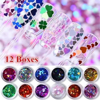 

12Pcs/Set Random Mixed Color Sweet Love Heart Nail Glitter Sequins Gold/Red/Black Shine Paillettes Nail Art Decorations Manicure